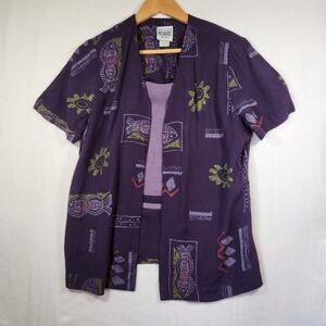 Vintage 90s R&M Richards Petite Purple Fish Sun Tribal Print Layered Blouse 12P